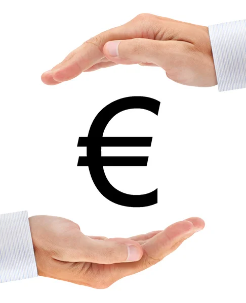 Euro tanda antara dua tangan busimessman — Stok Foto