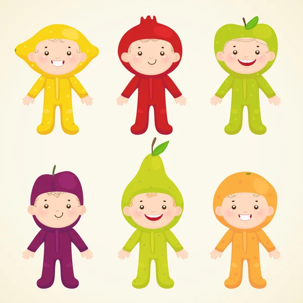 Enfants mignons en costumes fruits — Image vectorielle
