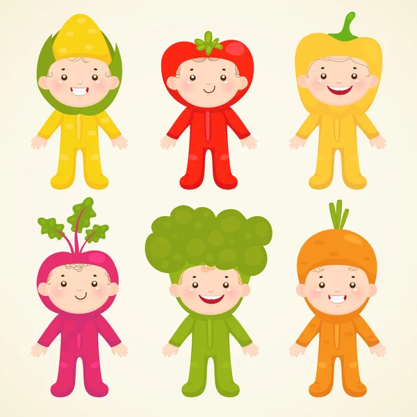 可爱的孩子在服饰蔬菜 — 图库矢量图片