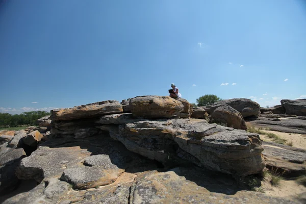 stock image Girl on top of a mountain