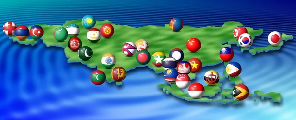 Asya bayrakları ve harita — Stok fotoğraf