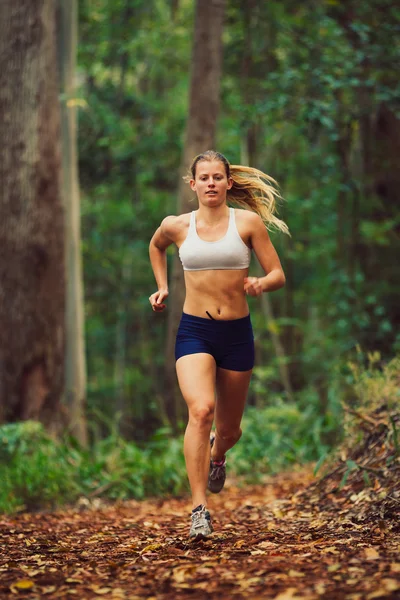 Женщина бежит в лесу — стоковое фото