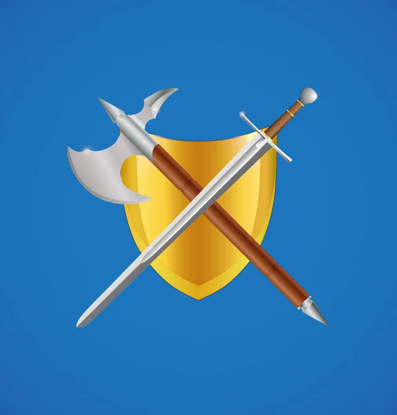 Escudo, espada e machado cruzados — Vetor de Stock