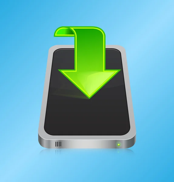 Smartphone with green arrow - download concept — Stock Vector