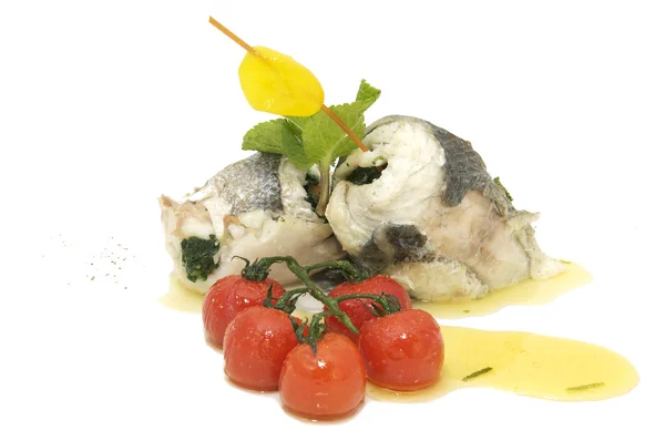 Baked fish with cherry — Stock Photo, Image