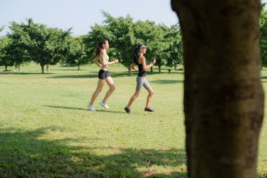 Sport with two young women jogging in city park clipart