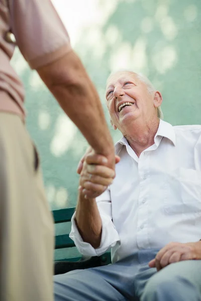 Gruppe fröhlicher älterer Männer, die lachen und reden — Stockfoto