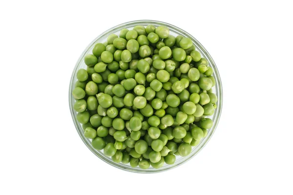 Green peas in a glass bowl. top view — Stock Photo, Image