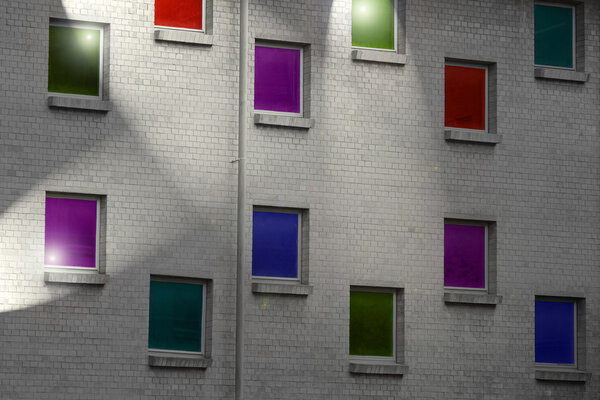 Facade of a modern building with many colored windows