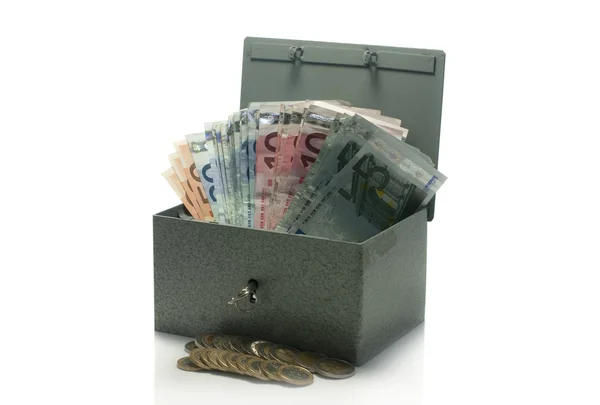 Brandkast met euro geld — Stockfoto