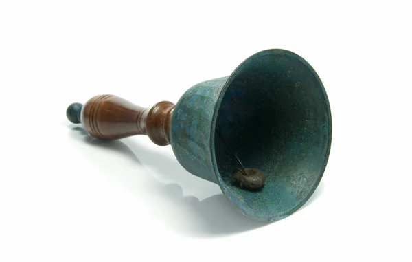 Zelené kovové a dřevěné bell na izolované bílá — Stock fotografie