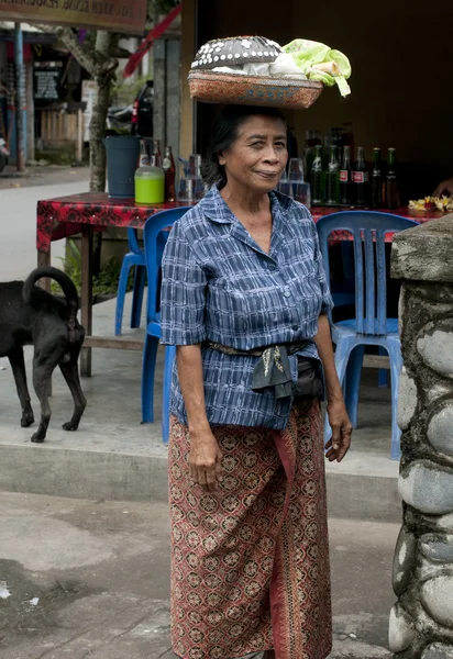 Alte Seniorin trägt Einkäufe auf dem Kopf — Stockfoto