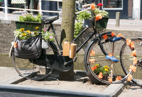 Çiçekler ve şişe içki ile eski bisikleti — Stok fotoğraf