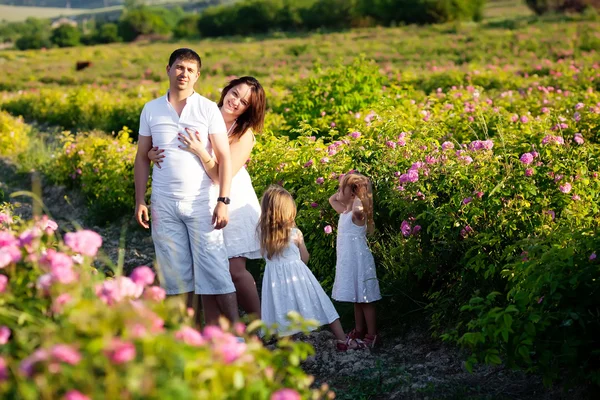 Familie in Rosenblüten — Stockfoto