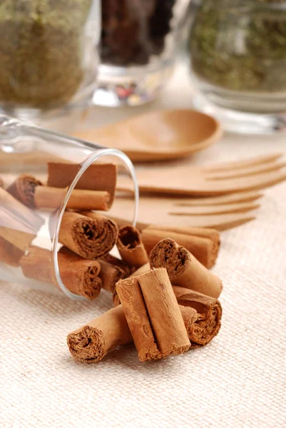 Cinnamon sticks in a glass beaker — Stock Photo, Image
