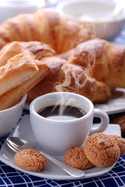 stock image Steaming espresso coffee in white cup