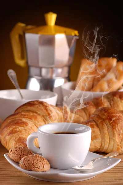 stock image Steaming espresso coffee in white cup