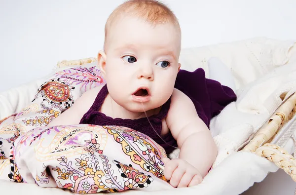 Χαριτωμένο μωρό που βρίσκεται σε ένα καλάθι και αφήστε το μακρύ drool — Φωτογραφία Αρχείου