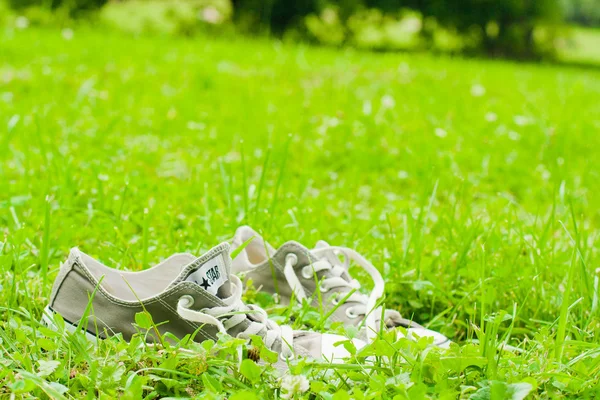 Zapatillas de deporte en la hierba —  Fotos de Stock
