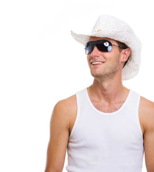 Portrait of resting on vacation smiling young man looking on cop — Stock Photo, Image