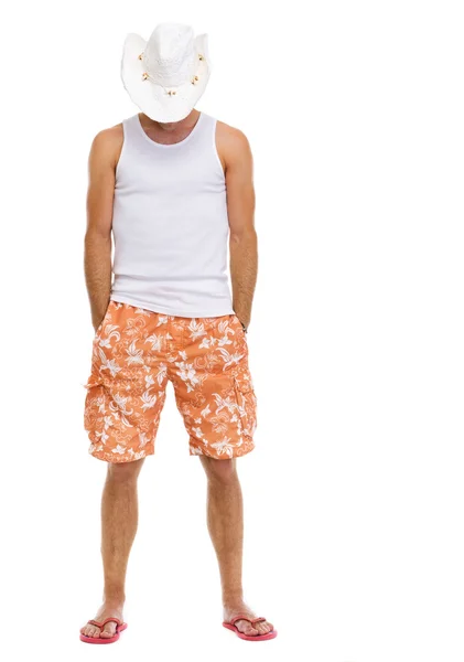 Full length portrait of on vacation man in shorts and holiday ha — Stock Photo, Image