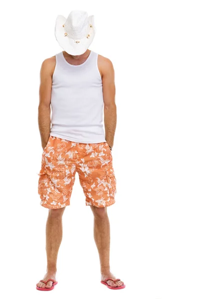 stock image Full length portrait of on vacation man in shorts and holiday ha