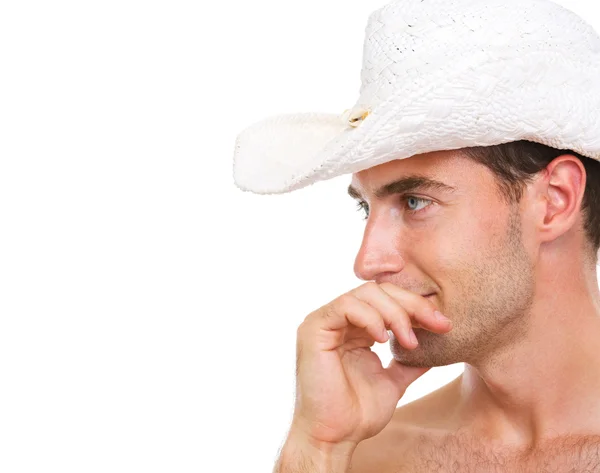 Profile portrait of young man in beach hat looking on copy space — Stock Photo, Image