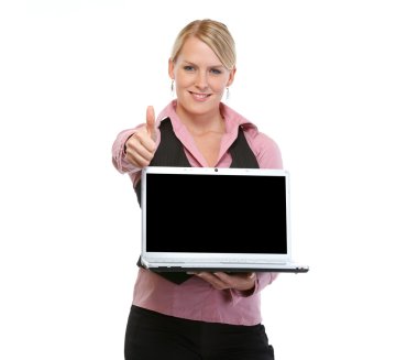 Woman with showing laptops blank screen and thumbs up clipart