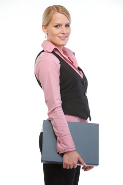 Woman employee with folder. Side view clipart