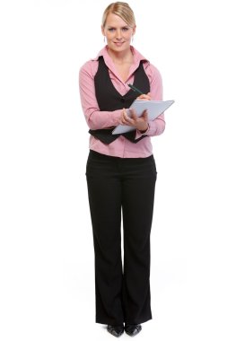 Woman employee writing in notepad clipart