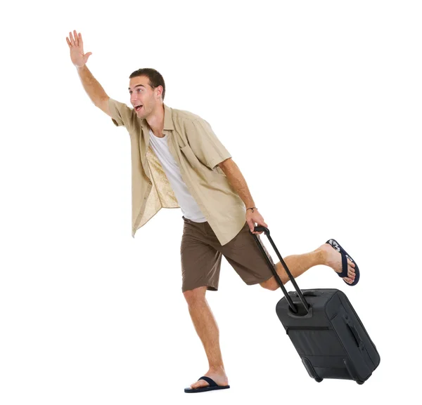 Worried tourist with wheels bag hurry to airplane — Stock Photo, Image