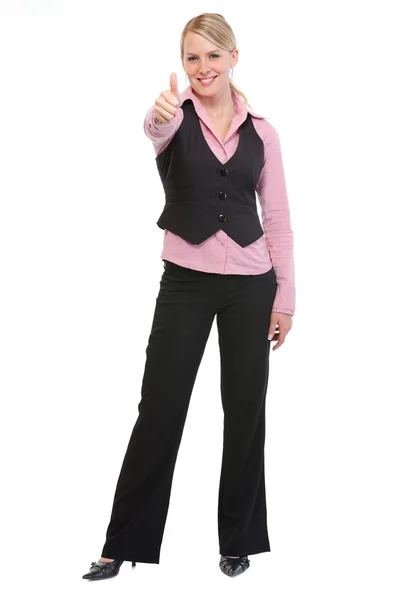 Volledige lengte portret van werknemer vrouw duimen opdagen — Stockfoto