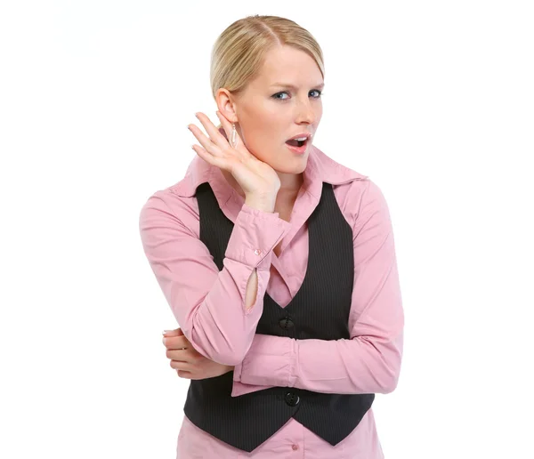 Curious woman trying to hear something — Stock Photo, Image