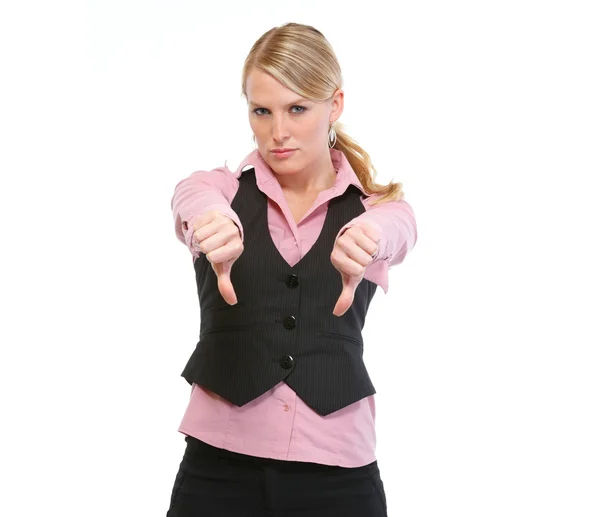 Woman employee showing thumbs down — Stock Photo, Image