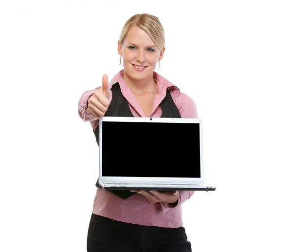 Donna con mostrando computer portatili schermo vuoto e pollici in su — Foto Stock