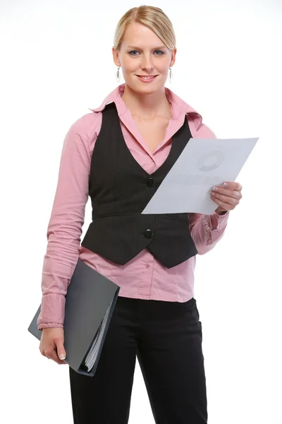 Mulher empregado segurando documento e pasta — Fotografia de Stock