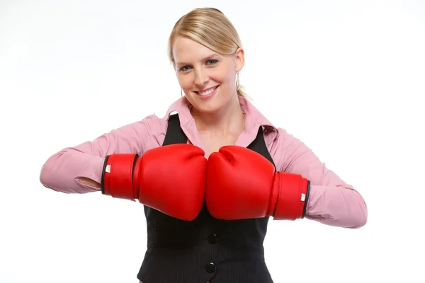 Smiling woman employee in boxing gloves — Stock Photo, Image