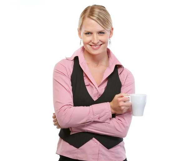 Glimlachende vrouw met koffiekop — Stockfoto