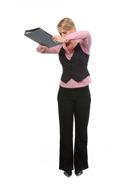 Ritratto a figura intera di donna arrabbiata cadere cartella — Foto Stock
