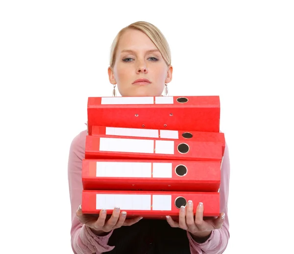 Portrait of tired woman with stack of folders — Stock Photo, Image