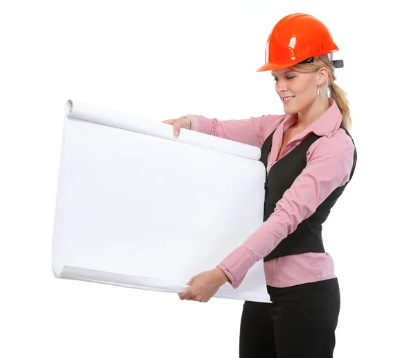 Nowoczesne architekt kobieta pokazano pustą tablicę typu flip chart — Zdjęcie stockowe