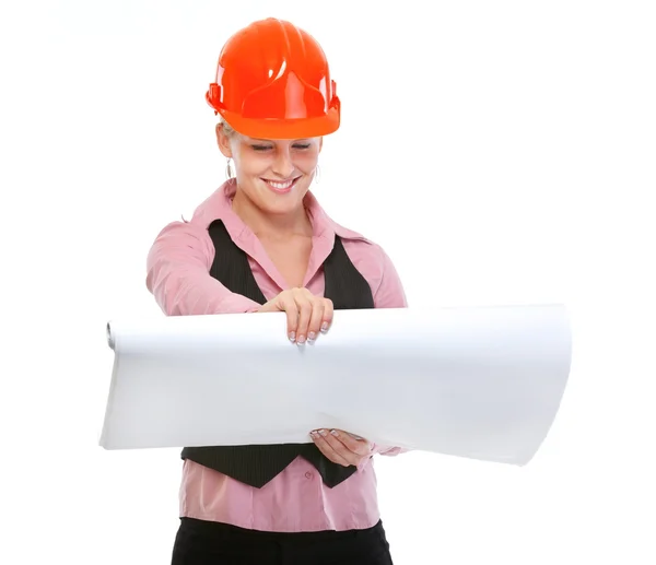 Modern architect woman looking on plans — Stock Photo, Image
