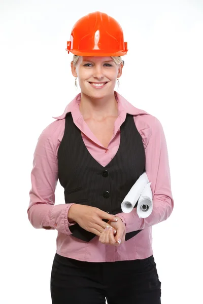 Mujer arquitecta sonriente con rotafolios — Foto de Stock