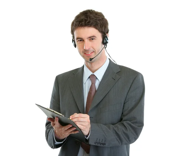 Operador de negócios moderno com headset escrito em área de transferência — Fotografia de Stock