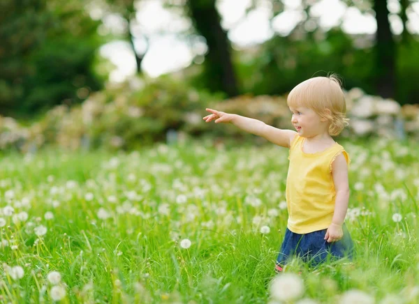 Baby girl on dandelions field pointing on copy space — Stock Photo, Image