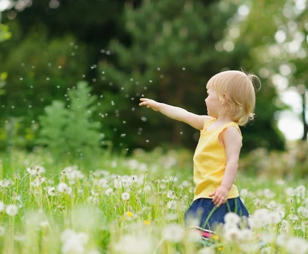 Baby flicka som leker med maskrosor utomhus — Stockfoto