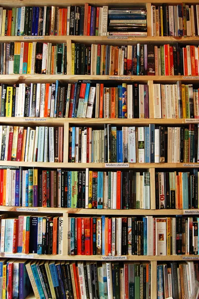 Livraria prateleiras de madeira parede — Fotografia de Stock