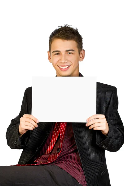 Young businessman is showing the advertisement. — Stock Photo, Image