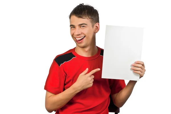 Genç adam reklamı gösterilen — Stok fotoğraf
