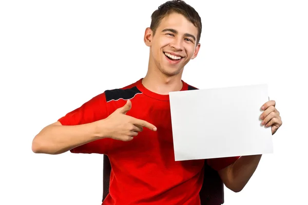 Genç adam reklamı gösterilen — Stok fotoğraf